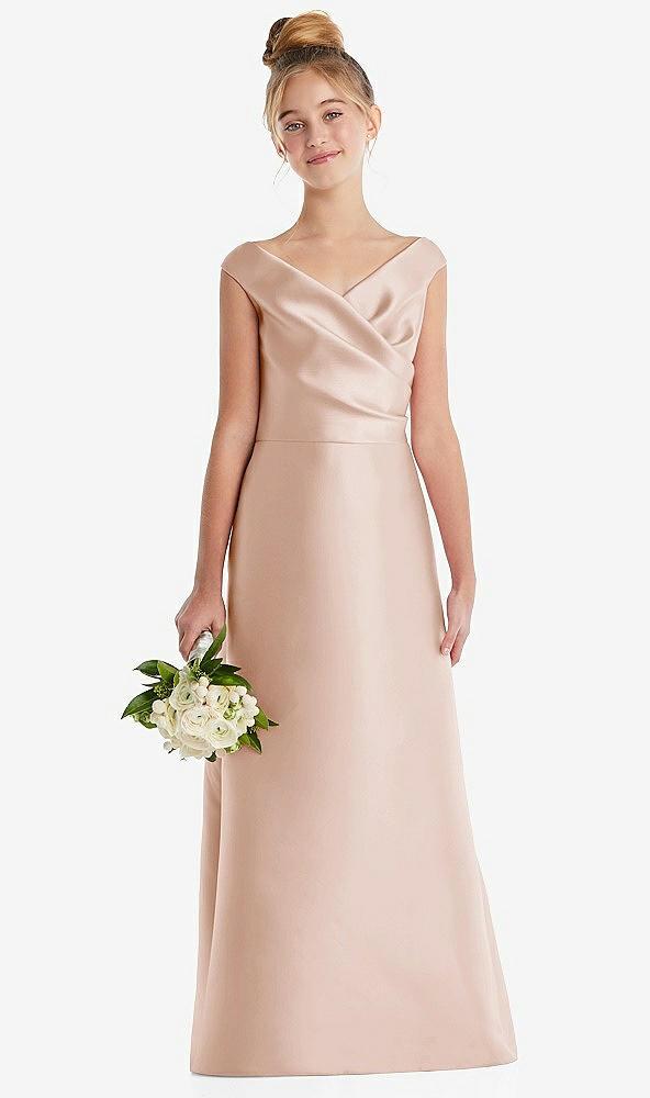 off-the-shoulder draped wrap satin junior bridesmaid dress