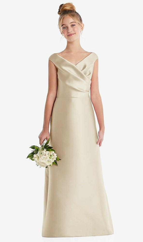 off-the-shoulder draped wrap satin junior bridesmaid dress