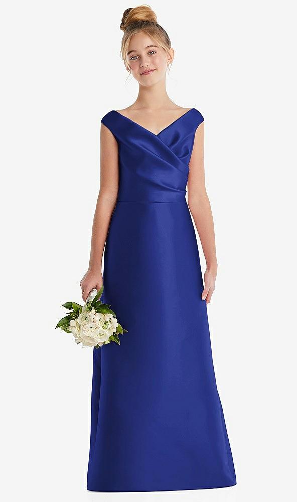 off-the-shoulder draped wrap satin junior bridesmaid dress