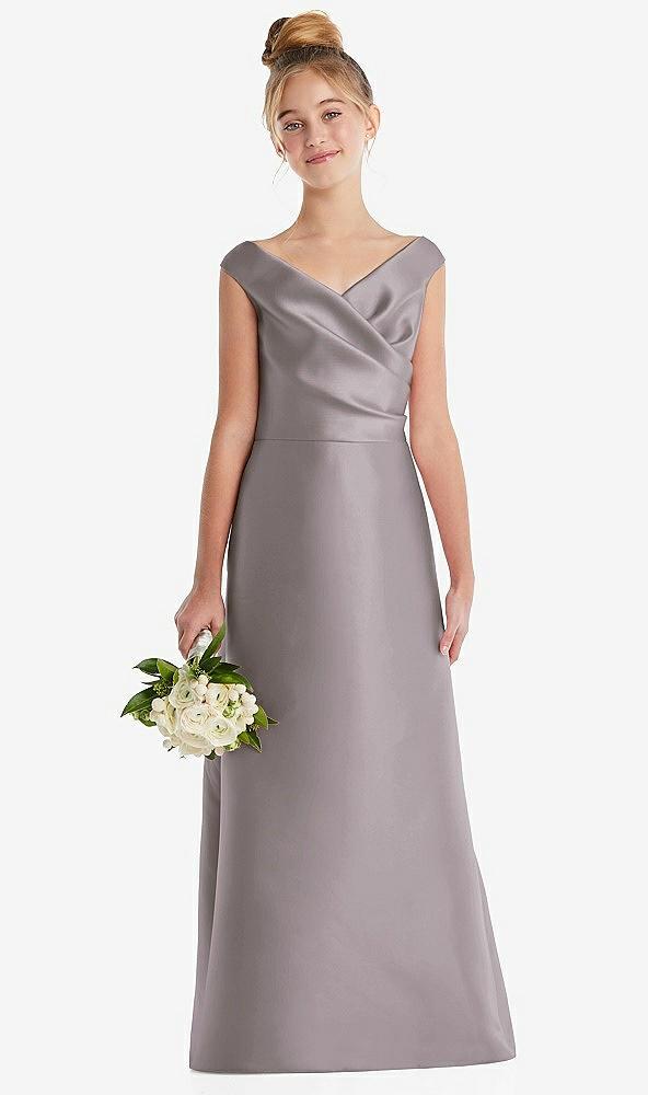 off-the-shoulder draped wrap satin junior bridesmaid dress