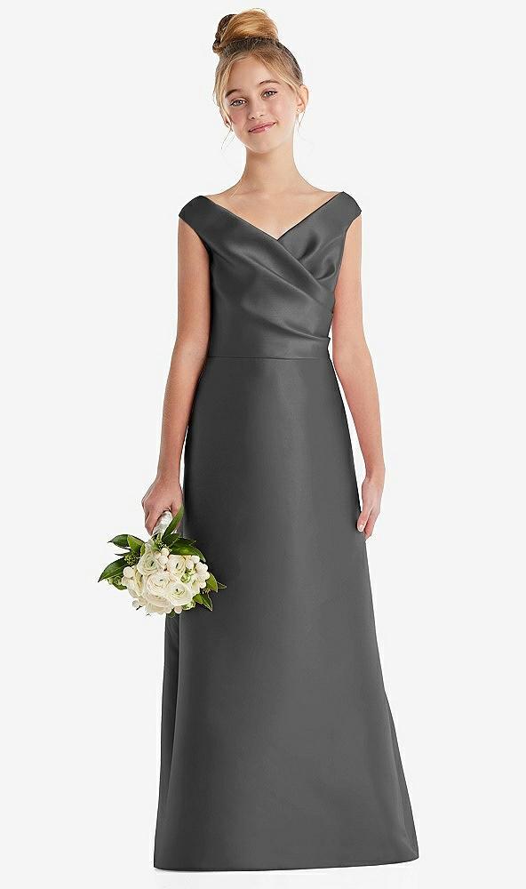 off-the-shoulder draped wrap satin junior bridesmaid dress