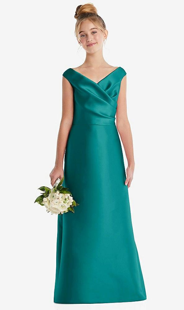 off-the-shoulder draped wrap satin junior bridesmaid dress
