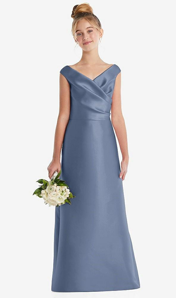 off-the-shoulder draped wrap satin junior bridesmaid dress