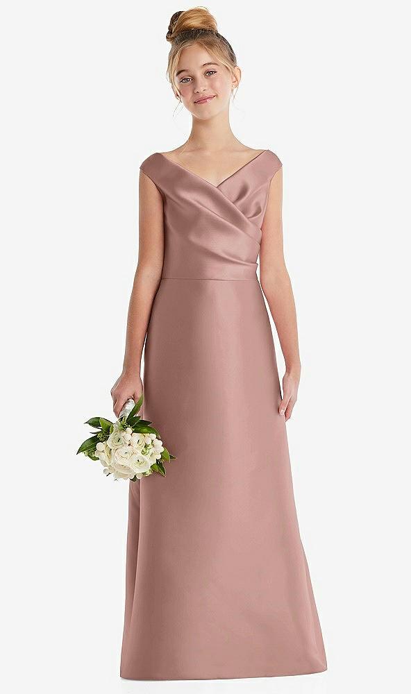 off-the-shoulder draped wrap satin junior bridesmaid dress