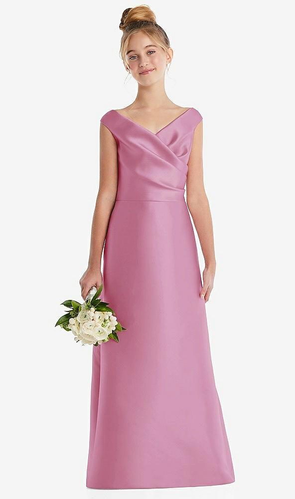 off-the-shoulder draped wrap satin junior bridesmaid dress