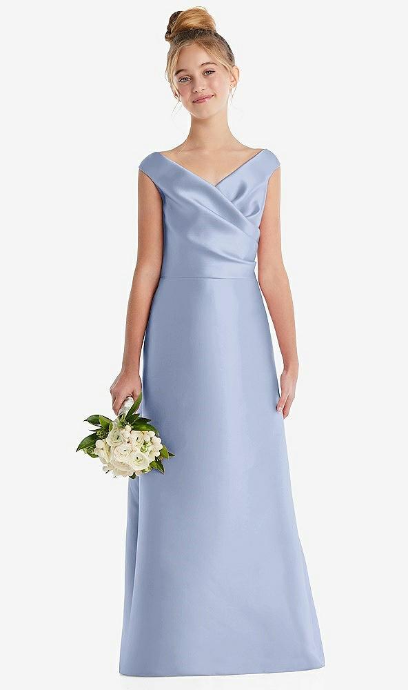 off-the-shoulder draped wrap satin junior bridesmaid dress