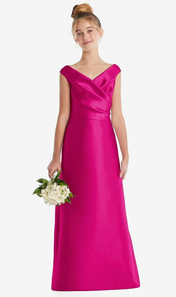 off-the-shoulder draped wrap satin junior bridesmaid dress