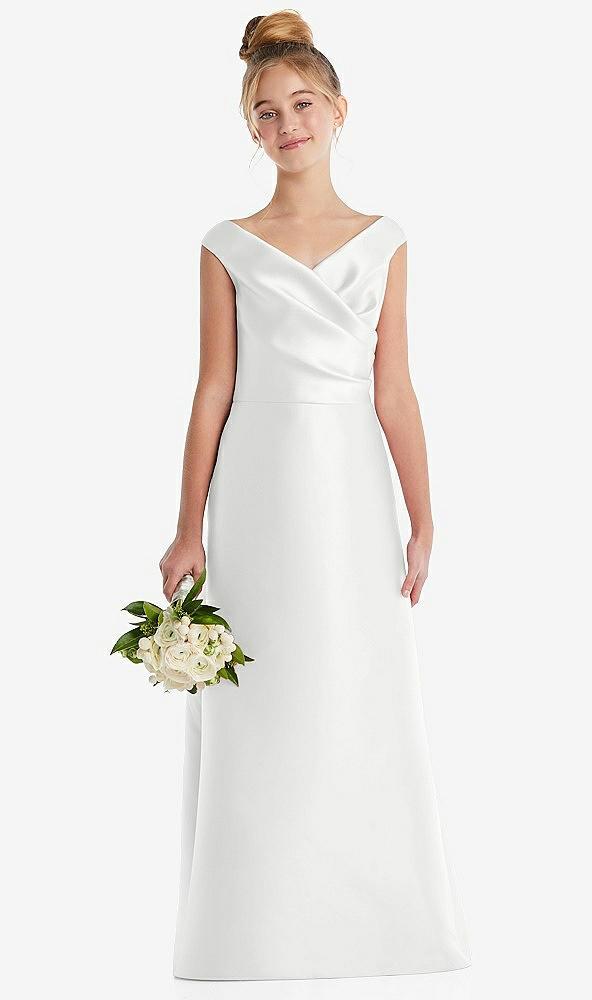 off-the-shoulder draped wrap satin junior bridesmaid dress