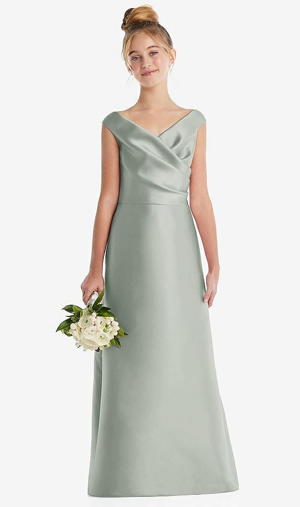 off-the-shoulder draped wrap satin junior bridesmaid dress