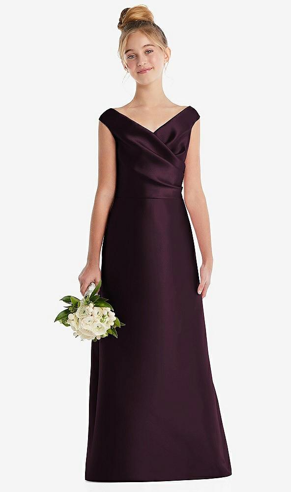off-the-shoulder draped wrap satin junior bridesmaid dress
