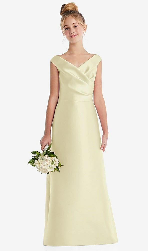 off-the-shoulder draped wrap satin junior bridesmaid dress