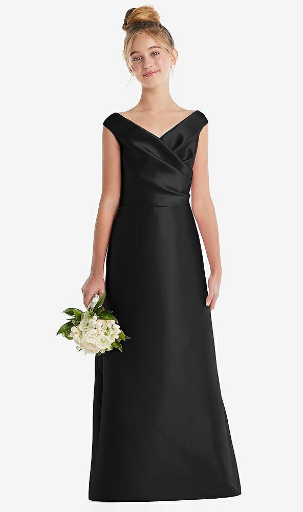off-the-shoulder draped wrap satin junior bridesmaid dress
