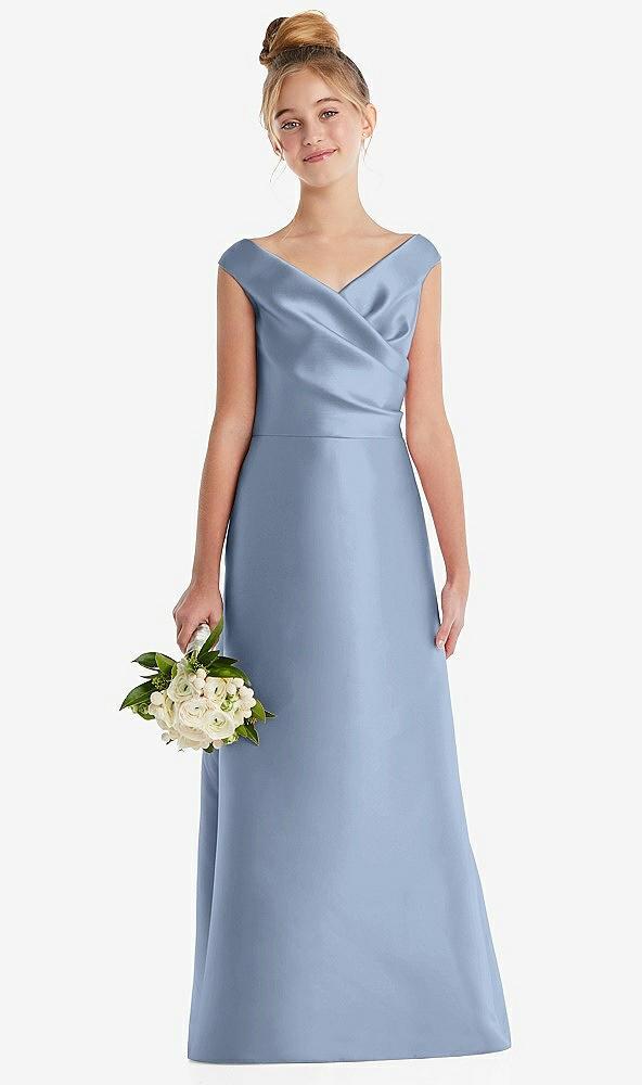 off-the-shoulder draped wrap satin junior bridesmaid dress