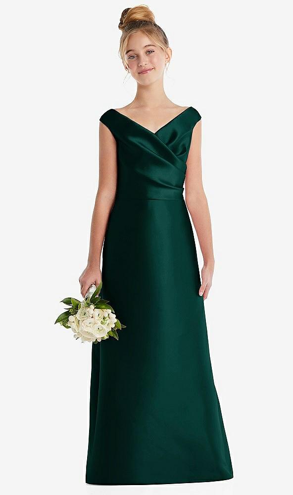 off-the-shoulder draped wrap satin junior bridesmaid dress