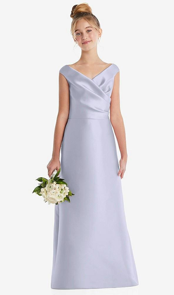off-the-shoulder draped wrap satin junior bridesmaid dress