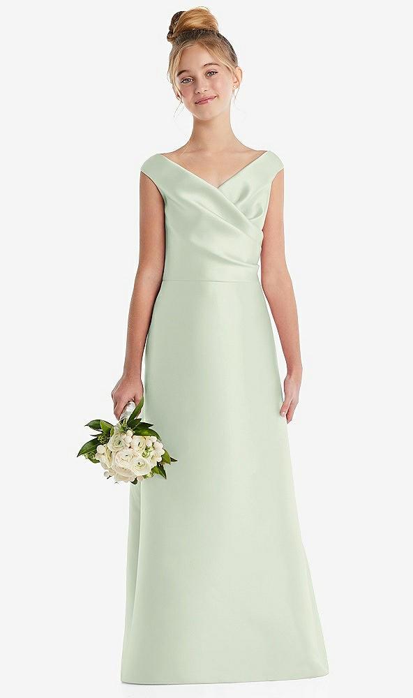 off-the-shoulder draped wrap satin junior bridesmaid dress