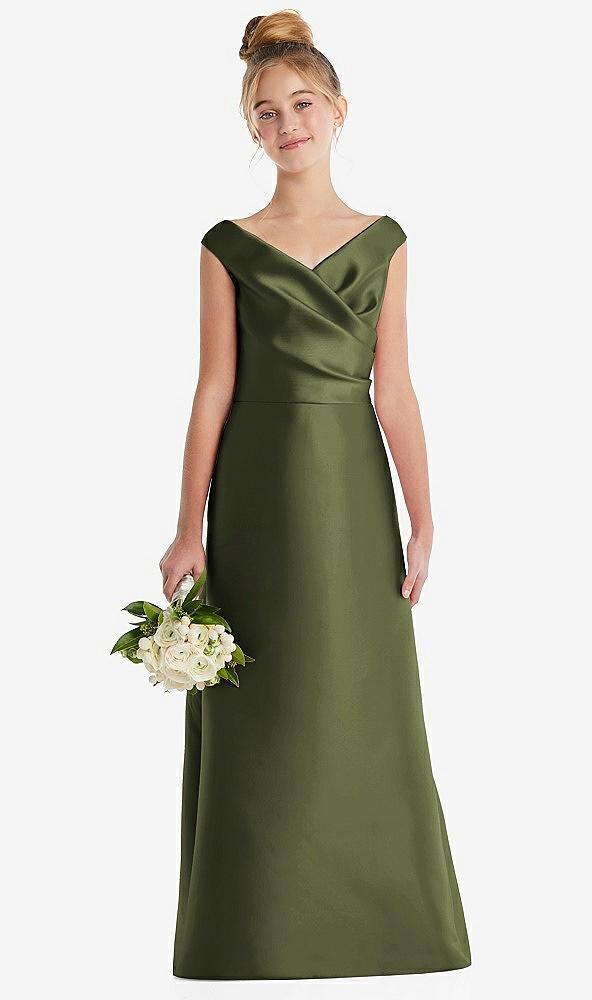off-the-shoulder draped wrap satin junior bridesmaid dress