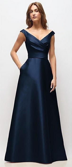 off-the-shoulder draped wrap satin maxi dress