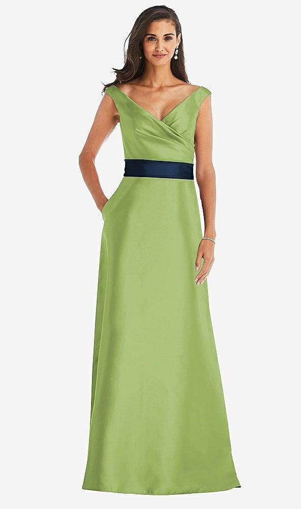 off-the-shoulder draped wrap satin maxi dress