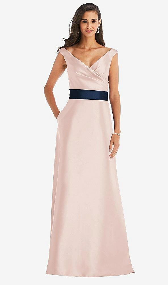 off-the-shoulder draped wrap satin maxi dress