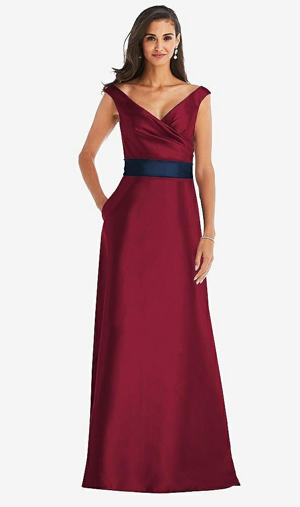 off-the-shoulder draped wrap satin maxi dress