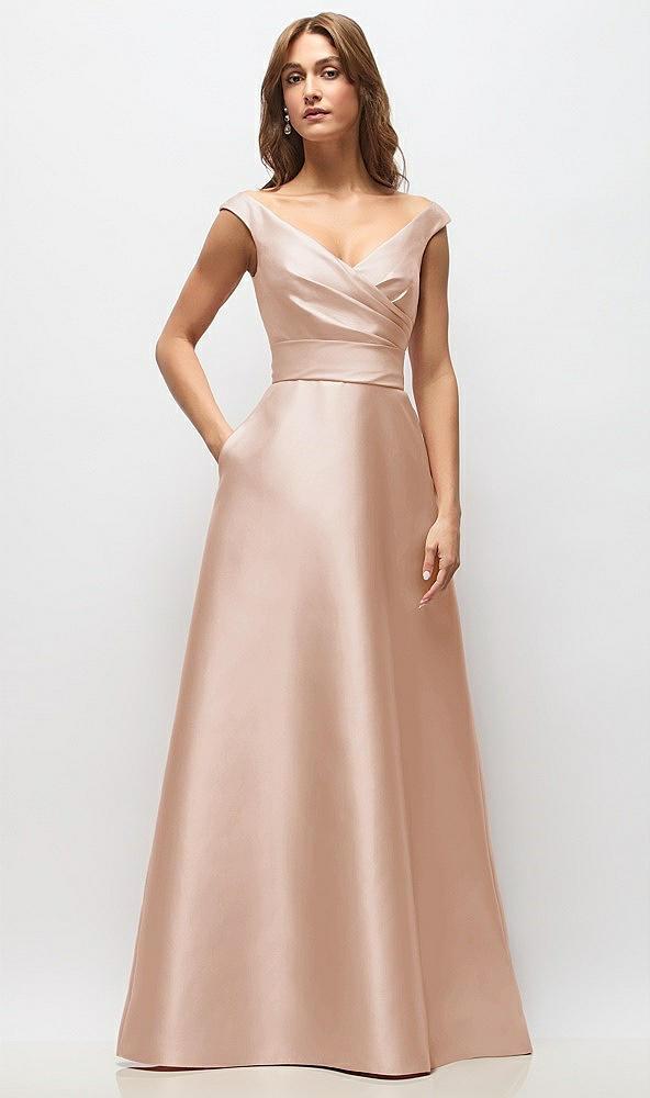 off-the-shoulder draped wrap satin maxi dress