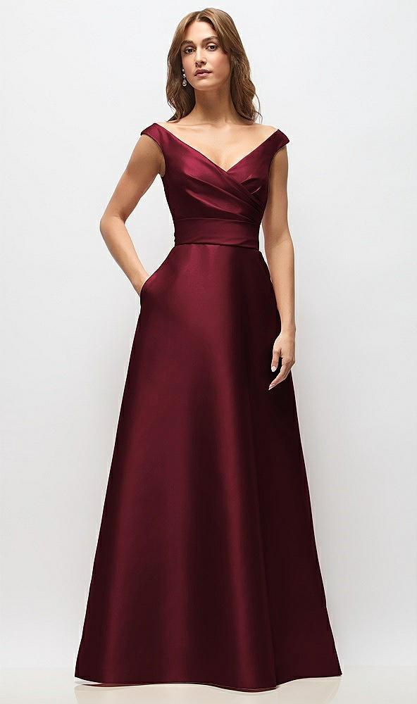 off-the-shoulder draped wrap satin maxi dress
