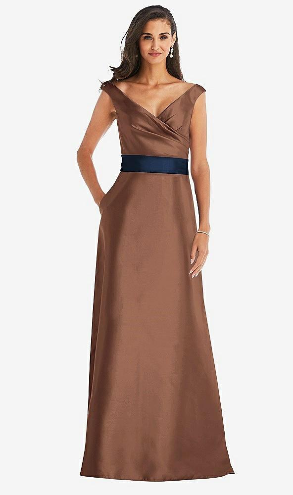 off-the-shoulder draped wrap satin maxi dress