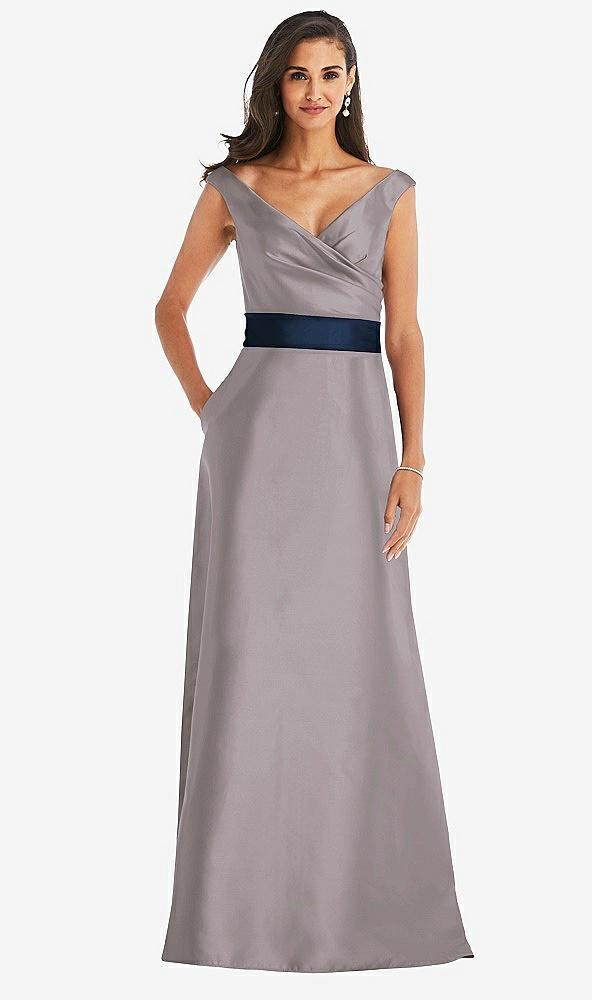 off-the-shoulder draped wrap satin maxi dress
