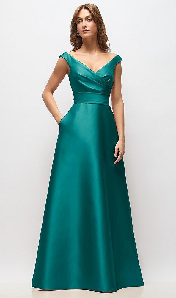 off-the-shoulder draped wrap satin maxi dress