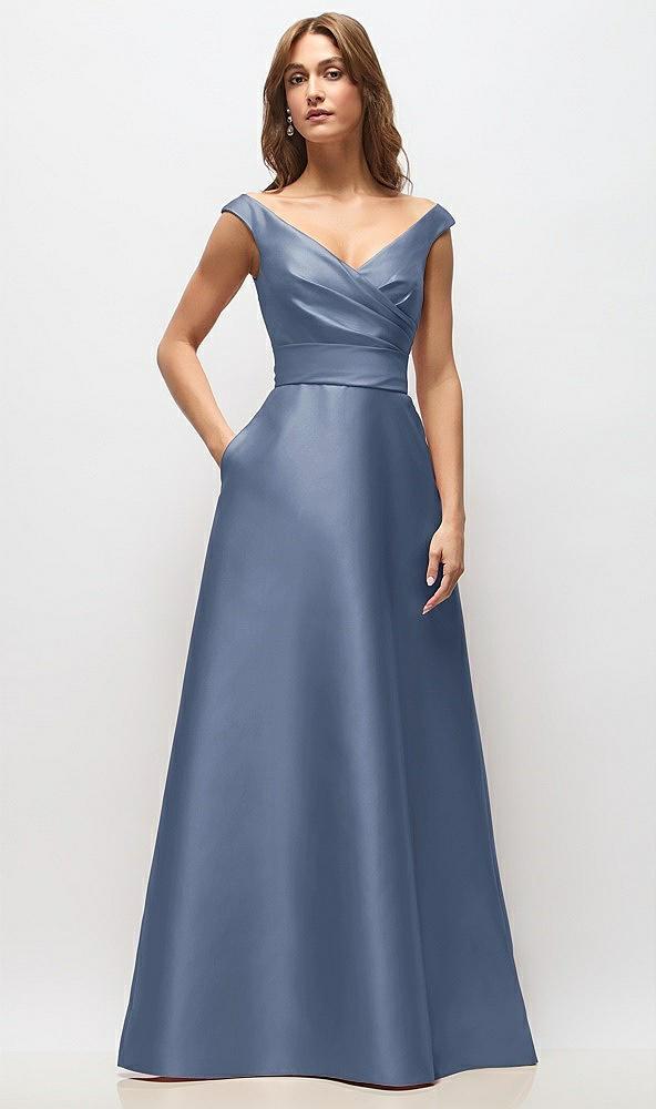 off-the-shoulder draped wrap satin maxi dress