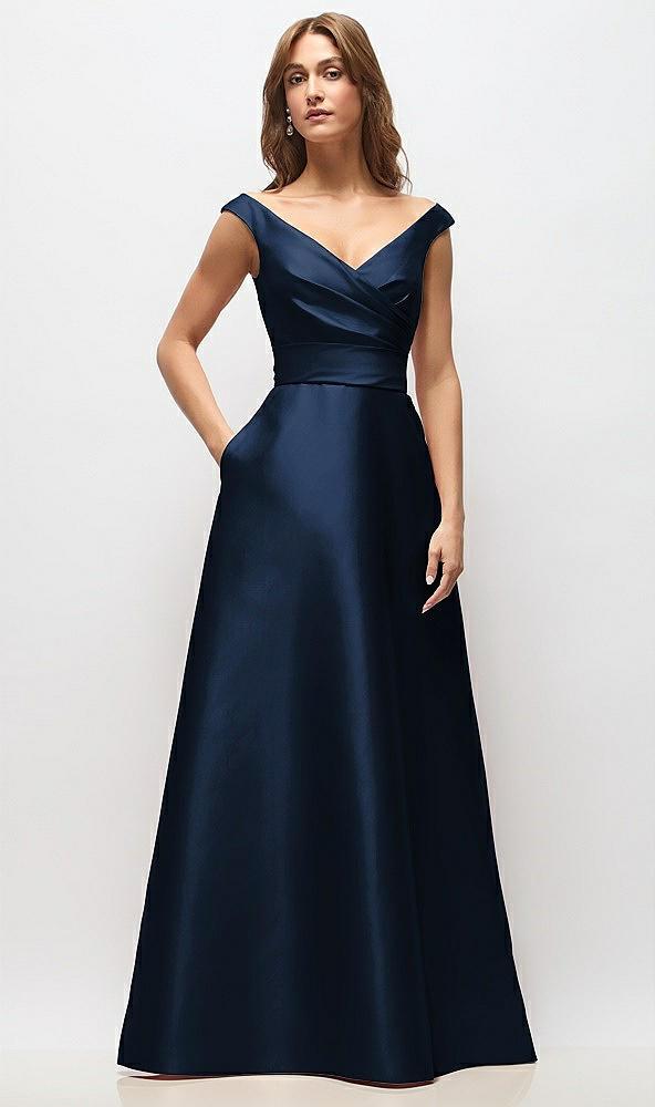 off-the-shoulder draped wrap satin maxi dress