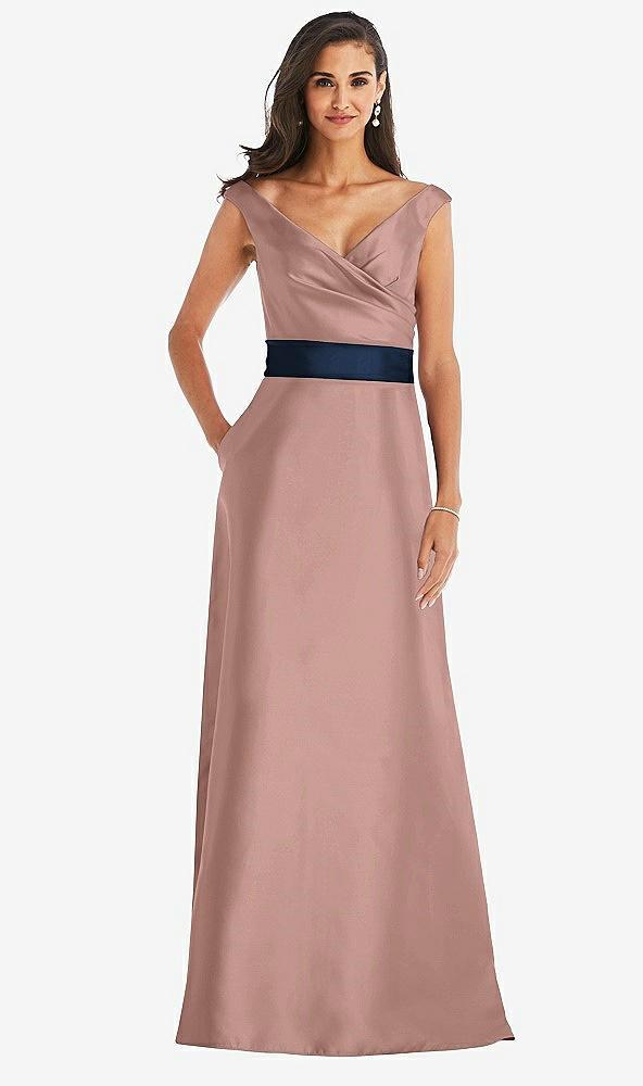 off-the-shoulder draped wrap satin maxi dress