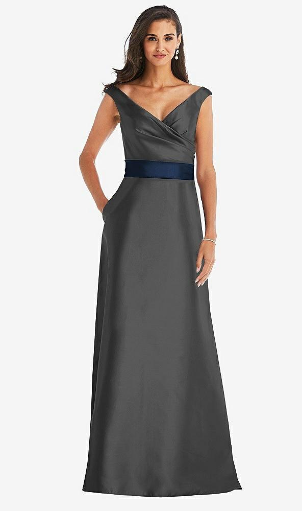 off-the-shoulder draped wrap satin maxi dress