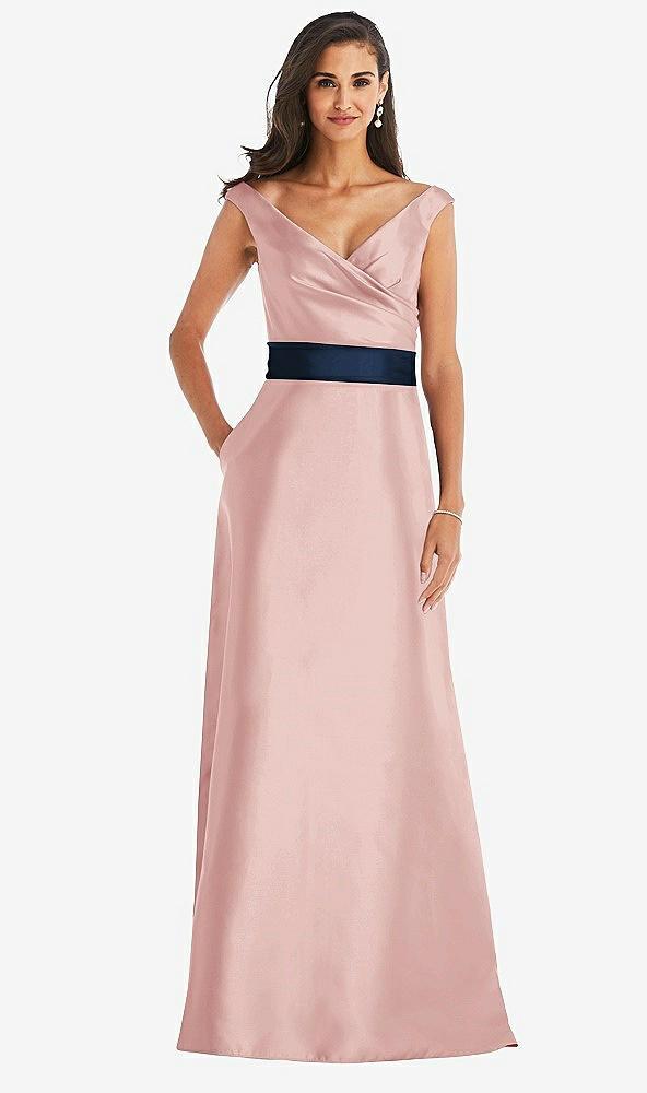 off-the-shoulder draped wrap satin maxi dress