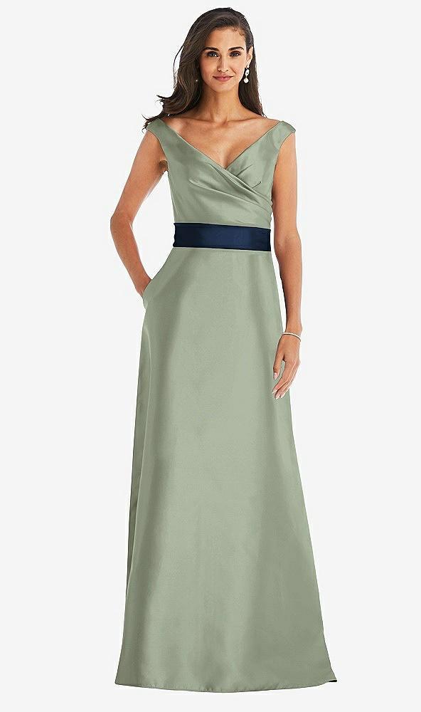 off-the-shoulder draped wrap satin maxi dress