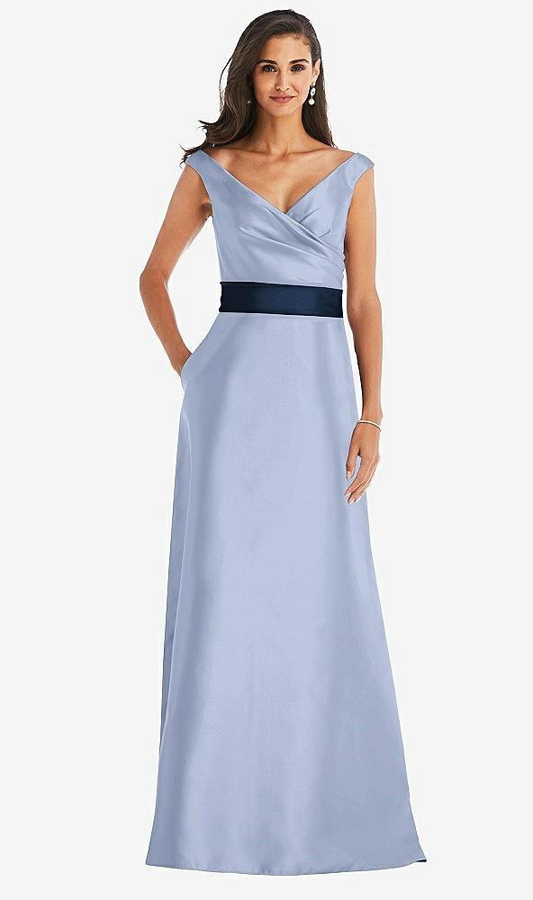 off-the-shoulder draped wrap satin maxi dress