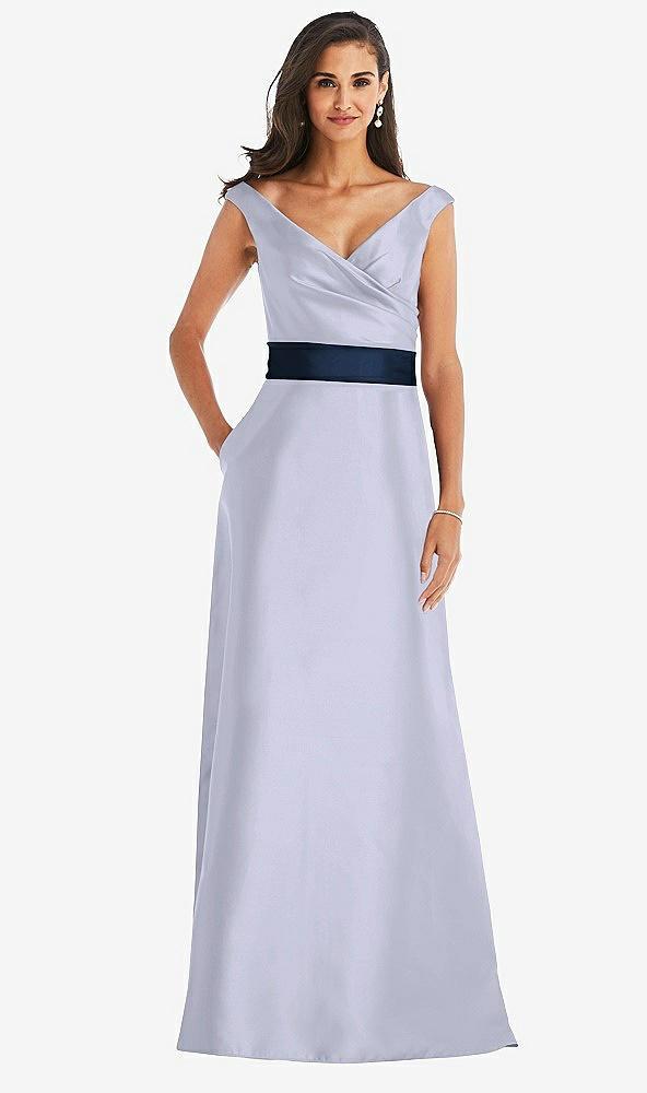 off-the-shoulder draped wrap satin maxi dress