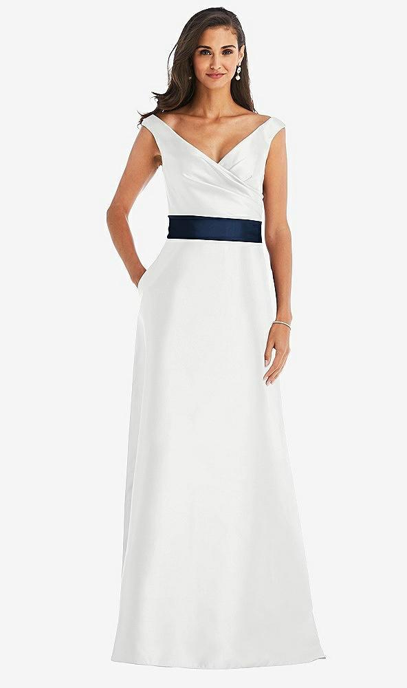 off-the-shoulder draped wrap satin maxi dress