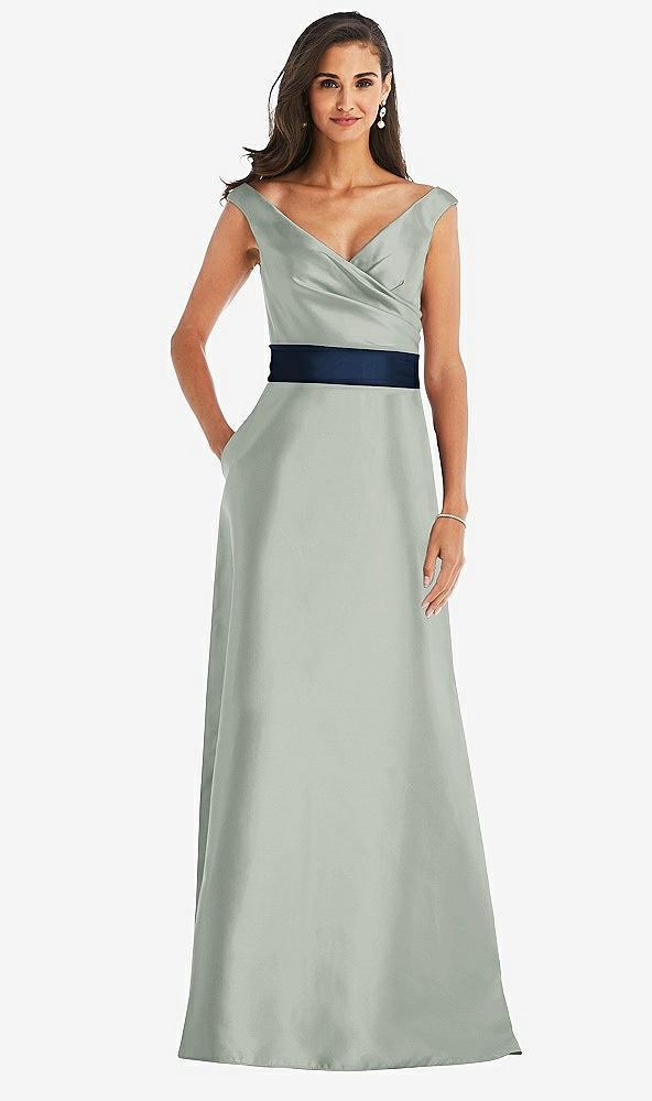 off-the-shoulder draped wrap satin maxi dress
