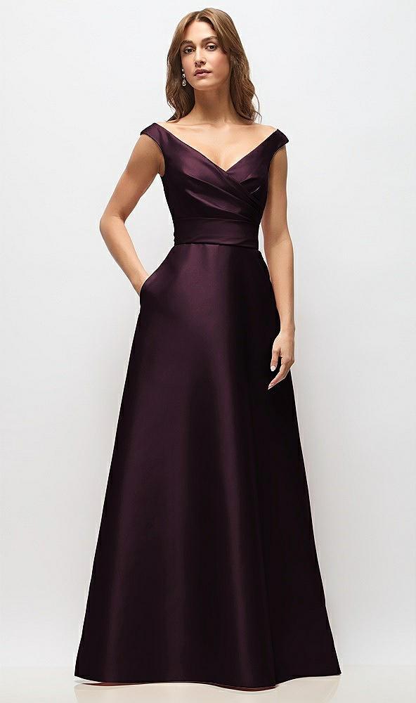 off-the-shoulder draped wrap satin maxi dress