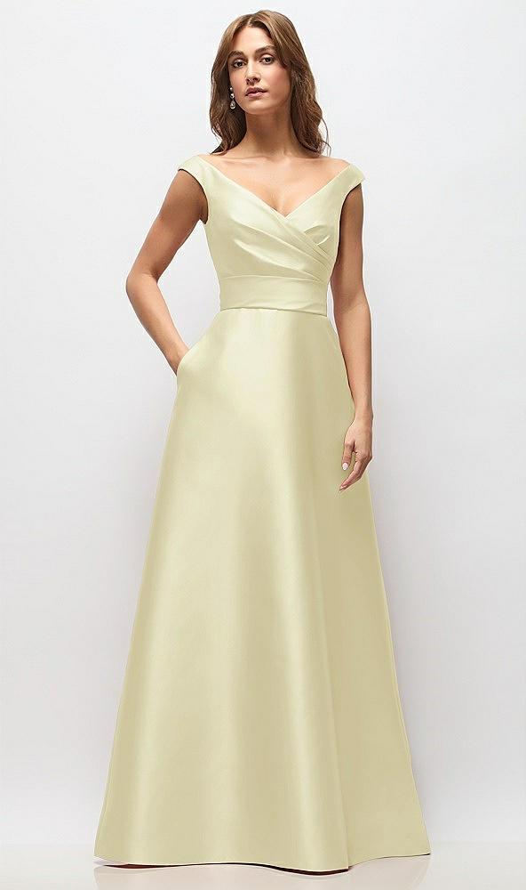 off-the-shoulder draped wrap satin maxi dress