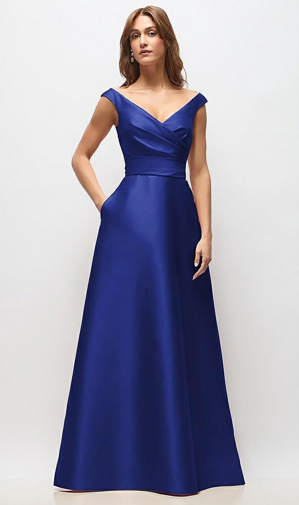 off-the-shoulder draped wrap satin maxi dress