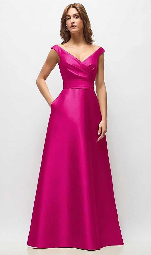 off-the-shoulder draped wrap satin maxi dress