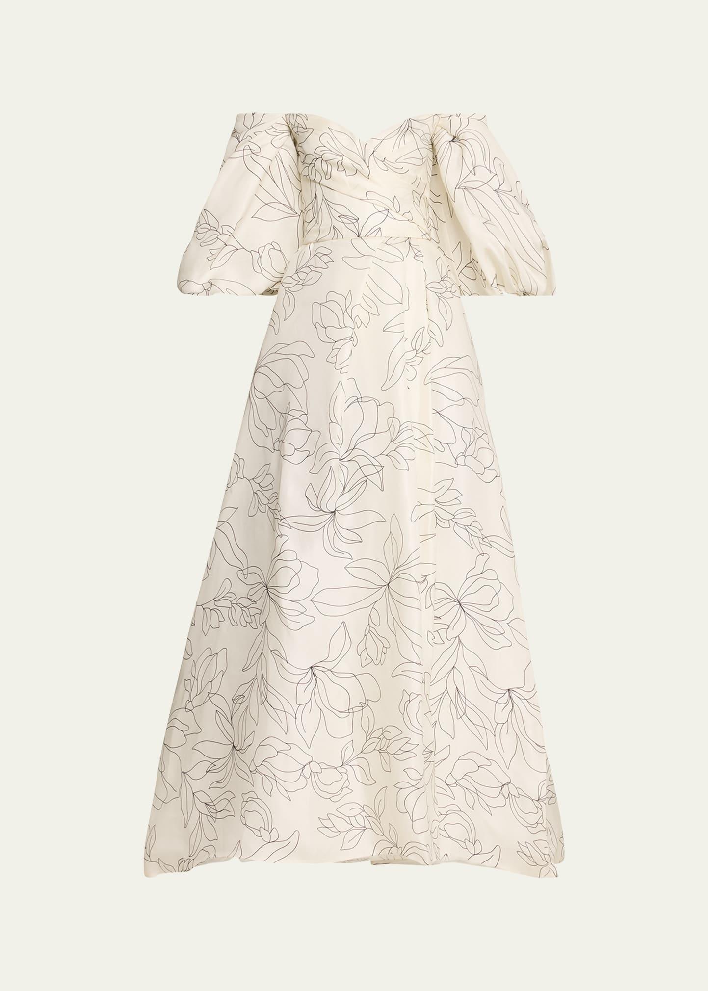 off-the-shoulder floral blouson-sleeve ball gown