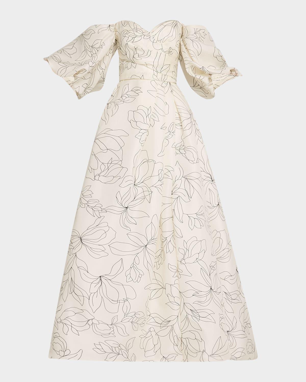 off-the-shoulder floral blouson-sleeve ball gown