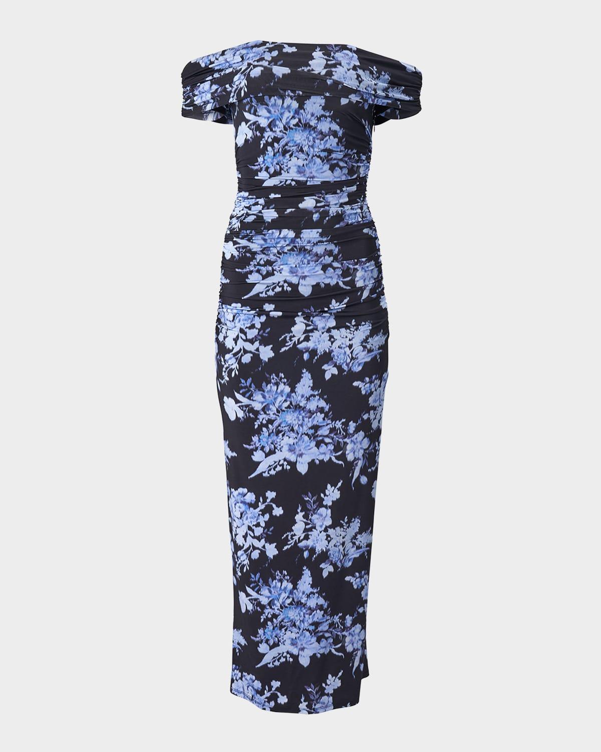 off-the-shoulder floral gathered body-con dress