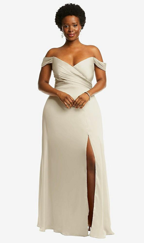 off-the-shoulder flounce sleeve empire waist gown with front slit