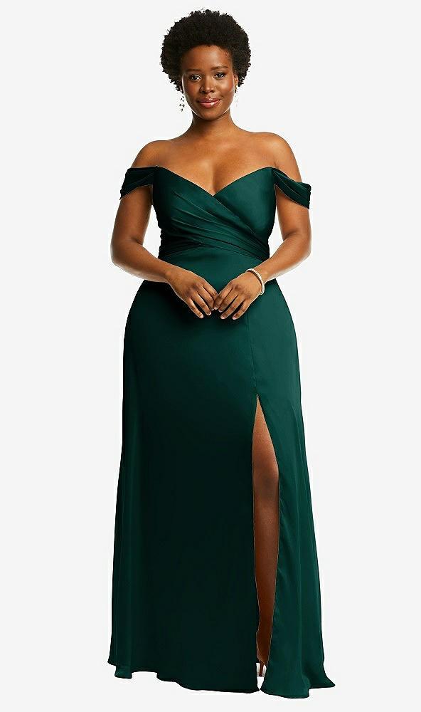 off-the-shoulder flounce sleeve empire waist gown with front slit