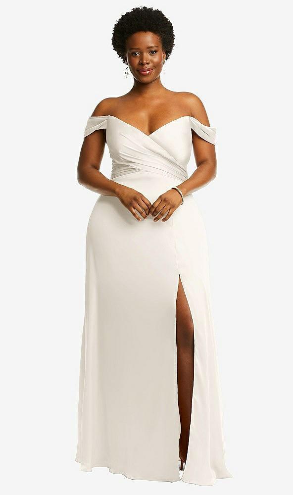 off-the-shoulder flounce sleeve empire waist gown with front slit